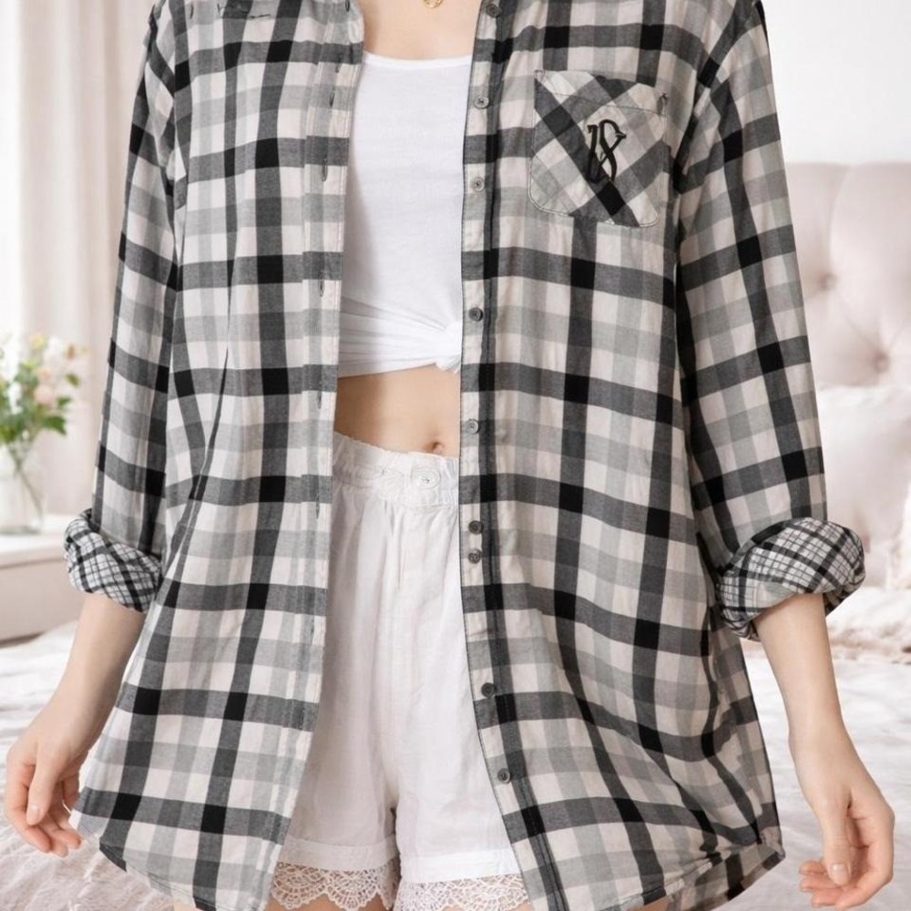 Victoria's Secret Plaid Button-Down Shirt – XS – Black & White –‎ Cotton Modal